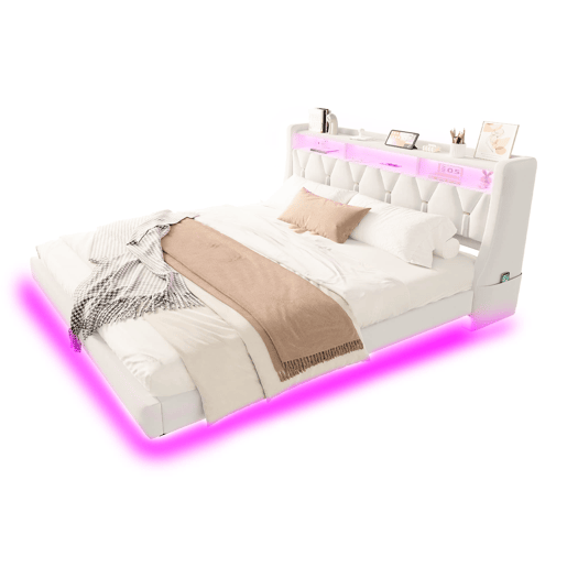 Cama estofada 180 x 200 cm - Cabeceira rebatível com tomada elétrica e prateleira, iluminação LED, pés ampliados, design flutuante, tecido de veludo bege