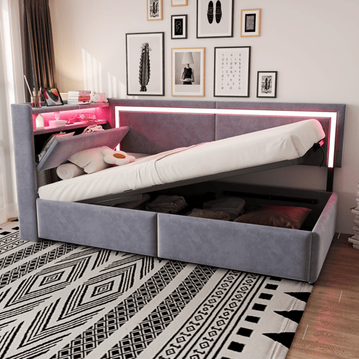 Sofá-cama 90x200 cm - Com LED, portas USB, cabeceira rebatível, arrumação hidráulica - Cinza claro