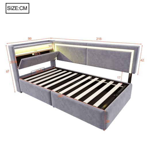 Sofá-cama 90x200 cm - Com LED, portas USB, cabeceira rebatível, arrumação hidráulica - Cinza claro