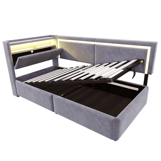 Sofá-cama 90x200 cm - Com LED, portas USB, cabeceira rebatível, arrumação hidráulica - Cinza claro