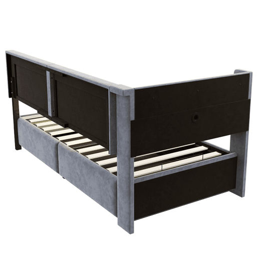Sofá-cama 90x200 cm - Com LED, portas USB, cabeceira rebatível, arrumação hidráulica - Cinza claro