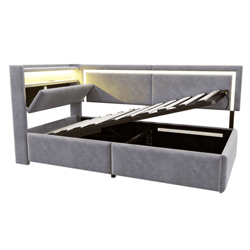 Sofá-cama 90x200 cm - Com LED, portas USB, cabeceira rebatível, arrumação hidráulica - Cinza claro