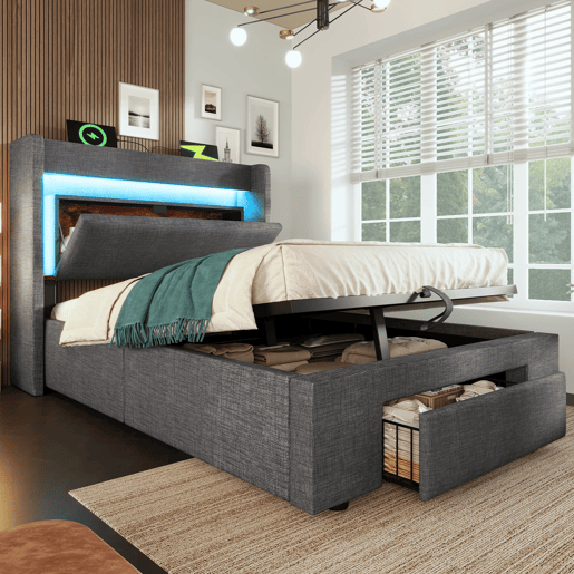 Cama estofada 90x200 - armazenamento hidráulico, cabeceira com LED e USB - Cinza