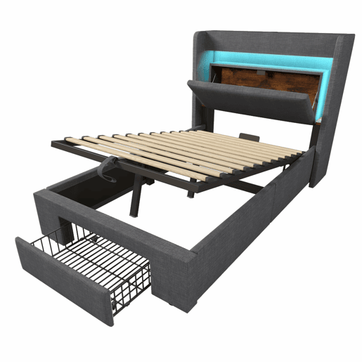 Cama estofada 90x200 - armazenamento hidráulico, cabeceira com LED e USB - Cinza