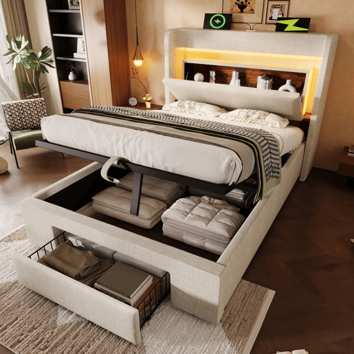 Cama estofada 90x200 cm - armazenamento hidráulico, cabeceira com LED e USB - Bege
