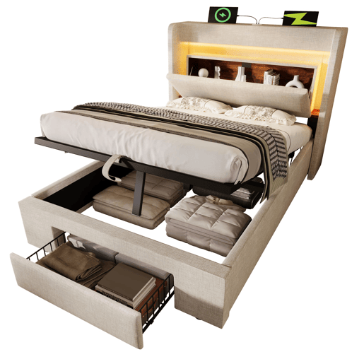 Cama estofada 90x200 cm - armazenamento hidráulico, cabeceira com LED e USB - Bege
