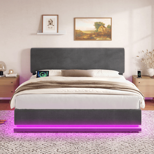 Cama estofada moderna 160x200 cm - Iluminação LED, carregador USB-C, cabeceira ajustável, tecido cordão, arrumação, cinzento