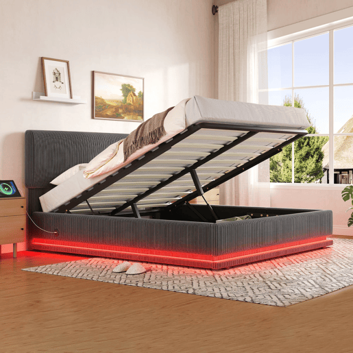Cama estofada moderna 160x200 cm - Iluminação LED, carregador USB-C, cabeceira ajustável, tecido cordão, arrumação, cinzento