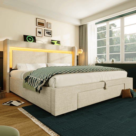 Cama estofada 160x200 cm - Armazenamento hidráulico, cabeceira com LED e USB - Bege