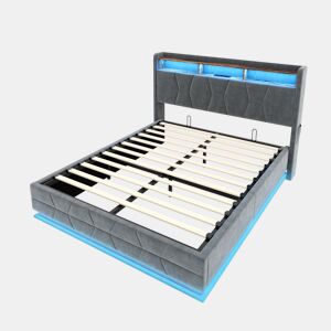 Cama multifuncional 160x200 cm - Iluminação LED, prateleiras abertas, bolsos laterais, carregador USBType-C, cabeceira com arrumação - Cinza escuro