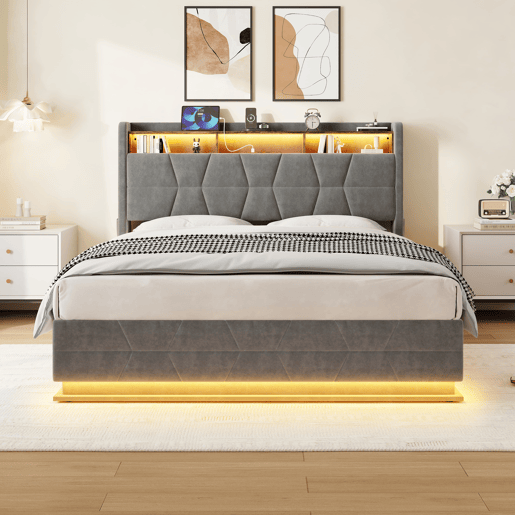 Cama multifuncional 160x200 cm - Iluminação LED, prateleiras abertas, bolsos laterais, carregador USBType-C, cabeceira com arrumação - Cinza escuro