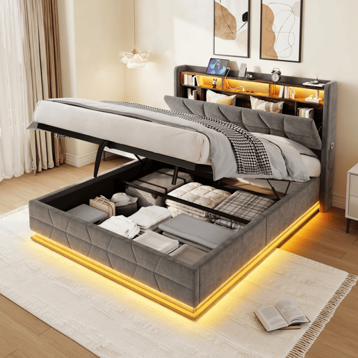 Cama multifuncional 160x200 cm - Iluminação LED, prateleiras abertas, bolsos laterais, carregador USBType-C, cabeceira com arrumação - Cinza escuro