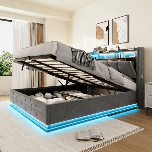 Cama multifuncional 160x200 cm - Iluminação LED, prateleiras abertas, bolsos laterais, carregador USBType-C, cabeceira com arrumação - Cinza escuro