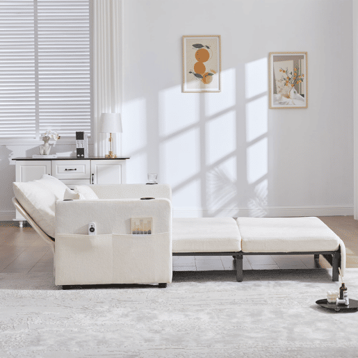 Sofá multifuncional de 2 lugares - Dobrável, extensível, lavável, com USB e porta-copos - Bege