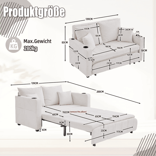Sofá multifuncional de 2 lugares - Dobrável, extensível, lavável, com USB e porta-copos - Bege