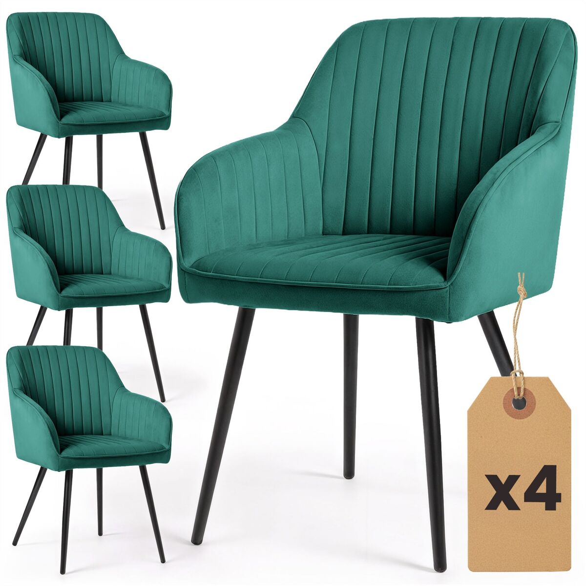 Juego de 4 sillas de terciopelo con costuras verticales FLORENCE Verde Oscuro