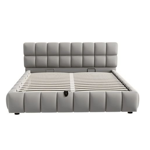 Cama estofada 140x200 cm - Cabeceira e laterais volumosas, função de armazenamento hidráulico, cinza