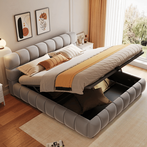 Cama estofada 140x200 cm - Cabeceira e laterais volumosas, função de armazenamento hidráulico, cinza