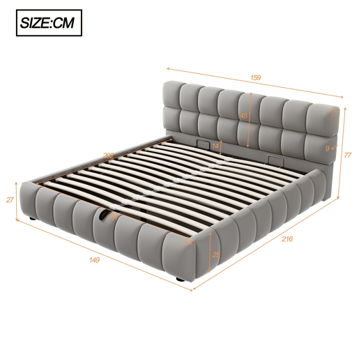 Cama estofada 140x200 cm - Cabeceira e laterais volumosas, função de armazenamento hidráulico, cinza