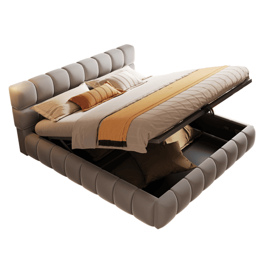 Cama estofada 140x200 cm - Cabeceira e laterais volumosas, função de armazenamento hidráulico, cinza