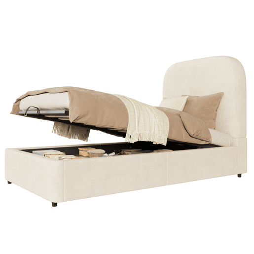 Cama individual estofada 90x200 - cama funcional hidráulica com arrumação e cabeceira - bege
