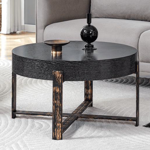 Mesa auxiliar redonda Ø68 cm - design moderno com base metálica cruzada - preta