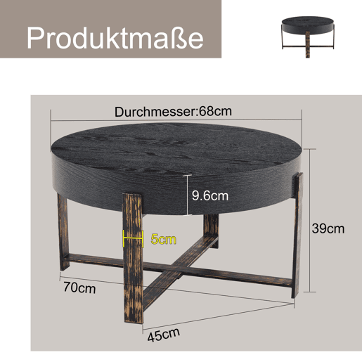 Mesa auxiliar redonda Ø68 cm - design moderno com base metálica cruzada - preta
