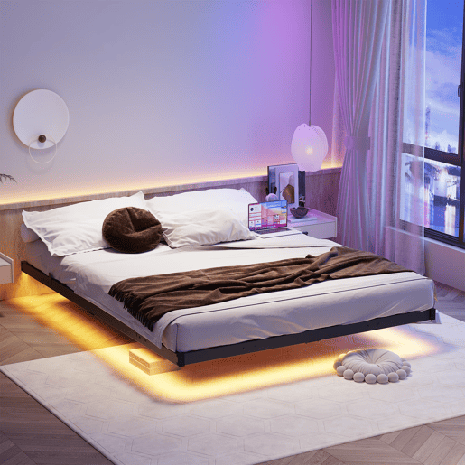 Cama plataforma 140x190 - LED, estação de carregamento, metal robusto, fácil montagem - Preto Cama plataforma 140x190 - LED, estação de carregamento, metal robusto, fácil montagem - Preto
