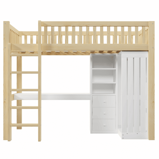 Cama alta 90x200 cm - Secretária, armário, 3 gavetas, estante, grade, escada - Natural