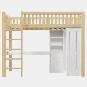 Cama alta 90x200 cm - Secretária, armário, 3 gavetas, estante, grade, escada - Natural
