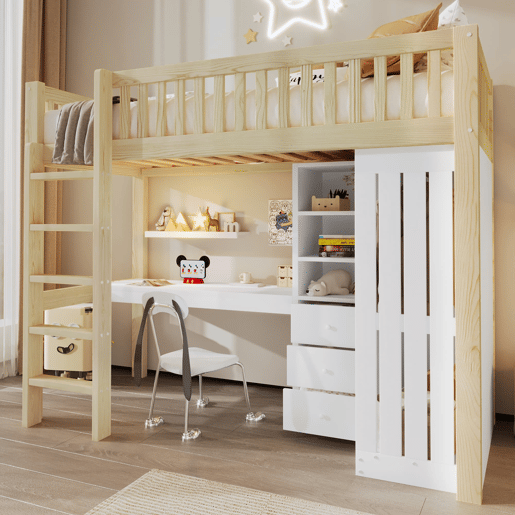 Cama alta 90x200 cm - Secretária, armário, 3 gavetas, estante, grade, escada - Natural