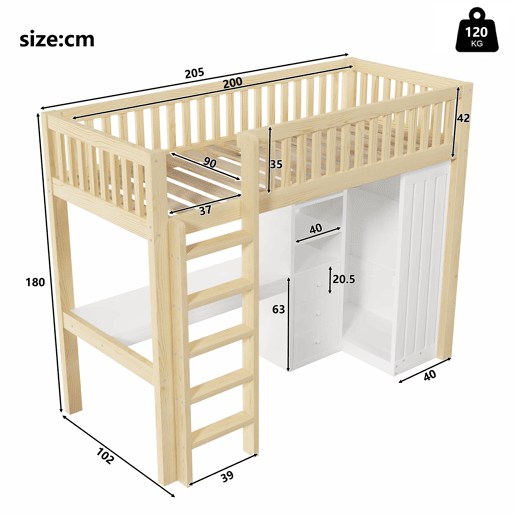 Cama alta 90x200 cm - Secretária, armário, 3 gavetas, estante, grade, escada - Natural