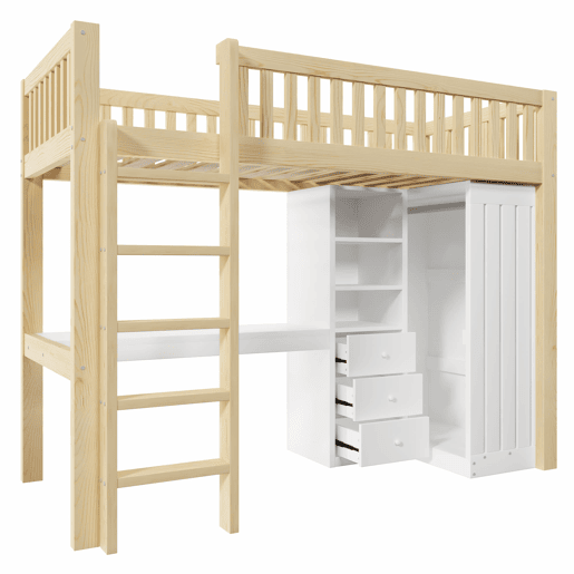 Cama alta 90x200 cm - Secretária, armário, 3 gavetas, estante, grade, escada - Natural