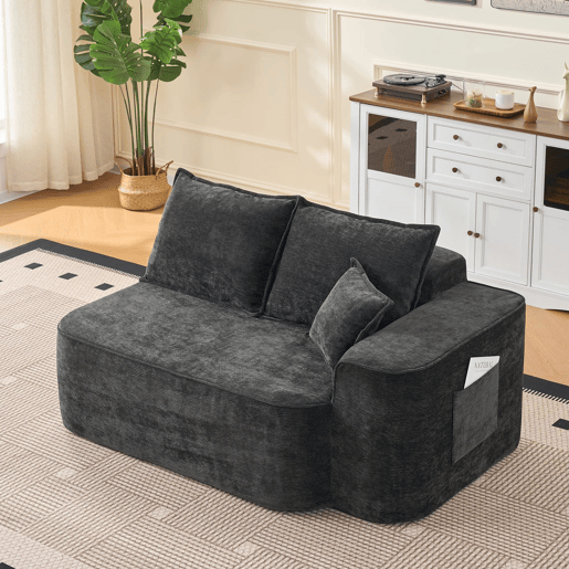 Sofá de 2 lugares - sem montagem, com almofadas e bolsos laterais - preto