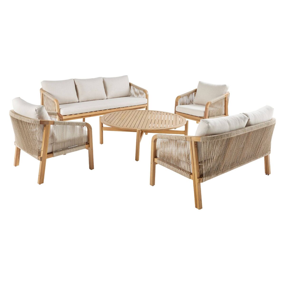 Conjunto de jardín de madera de acacia y cuerda, 7 plazas beige - 188x78.5x69.5 cm