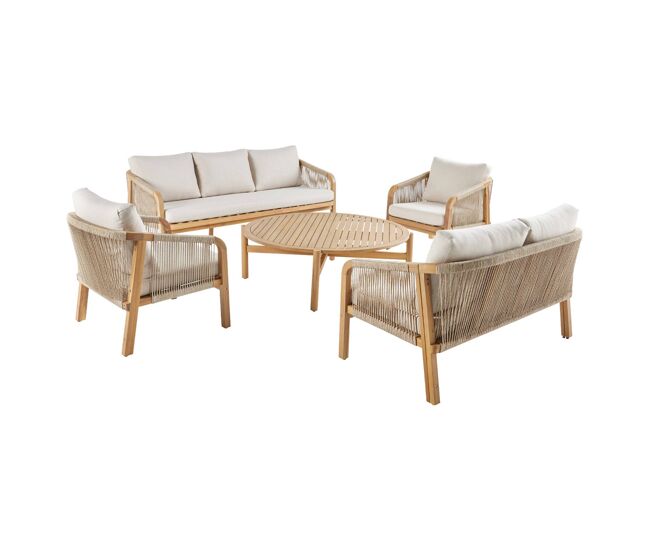Conjunto de jardín de madera de acacia y cuerda, 7 plazas beige - 188x78.5x69.5 cm