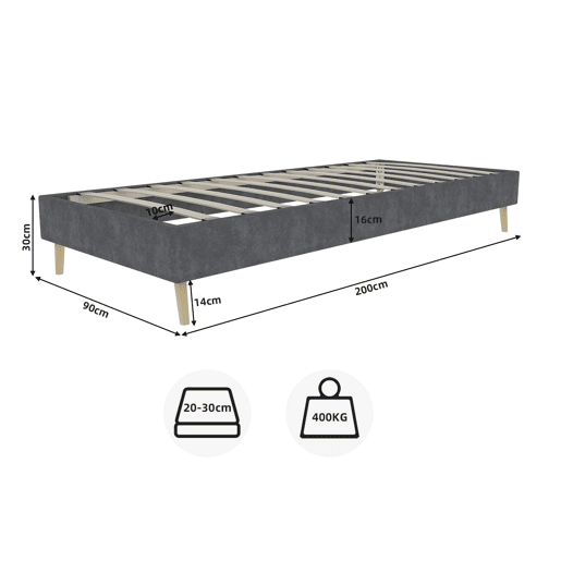 Cama Minimalista 90x200 - Base Baixa, Estilo Moderno, Veludo Holandês - Cinza