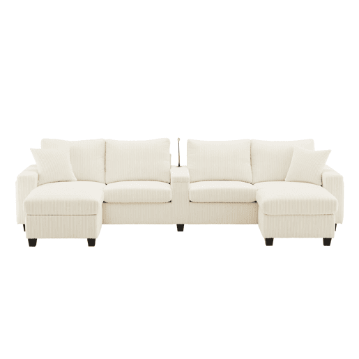 Sofá em U 334x128,5x81 cm - 4 lugares, USBType-C, LED, 2 pufes - Bege