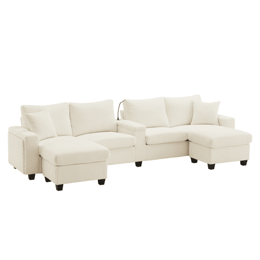 Sofá em U 334x128,5x81 cm - 4 lugares, USBType-C, LED, 2 pufes - Bege