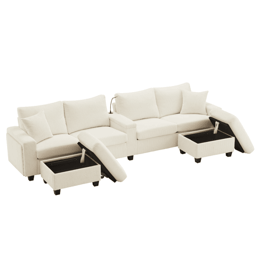 Sofá em U 334x128,5x81 cm - 4 lugares, USBType-C, LED, 2 pufes - Bege