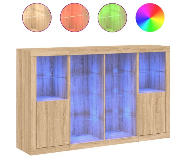 Aparador - mueble de almacenamiento con luz led 3 piezas madera de ingeniería roble sonoma es2093