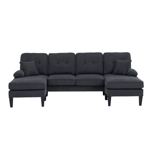 Sofá em U para 4 pessoas - Linho macio, chaise longues duplas, almofadas decorativas - Cinza escuro