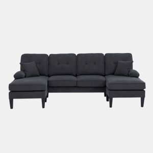 Sofá em U para 4 pessoas - Linho macio, chaise longues duplas, almofadas decorativas - Cinza escuro