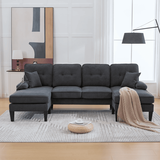 Sofá em U para 4 pessoas - Linho macio, chaise longues duplas, almofadas decorativas - Cinza escuro
