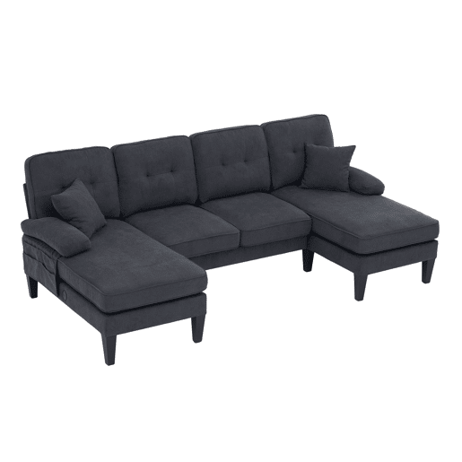 Sofá em U para 4 pessoas - Linho macio, chaise longues duplas, almofadas decorativas - Cinza escuro