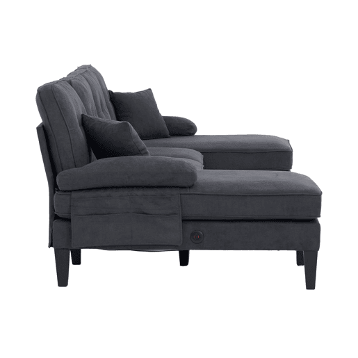 Sofá em U para 4 pessoas - Linho macio, chaise longues duplas, almofadas decorativas - Cinza escuro