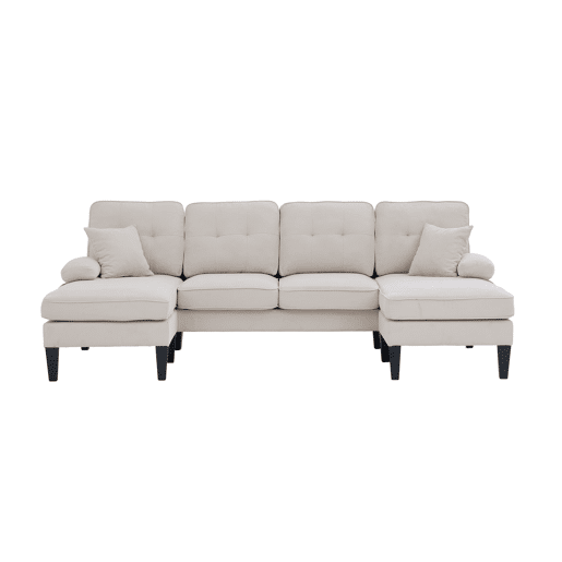 Sofá em U para 4 pessoas - Linho macio, chaise longues duplas, almofadas decorativas - Bege