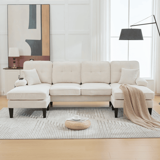Sofá em U para 4 pessoas - Linho macio, chaise longues duplas, almofadas decorativas - Bege
