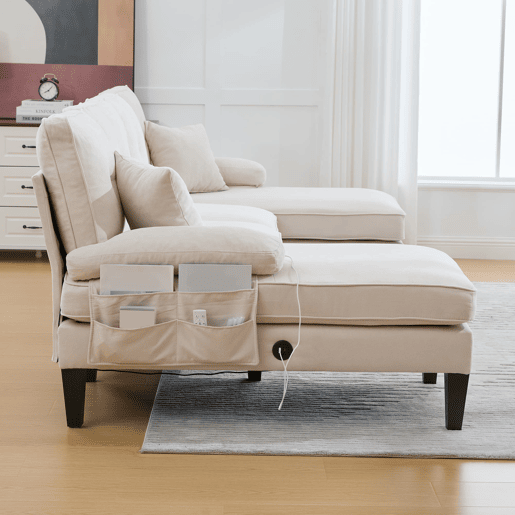 Sofá em U para 4 pessoas - Linho macio, chaise longues duplas, almofadas decorativas - Bege