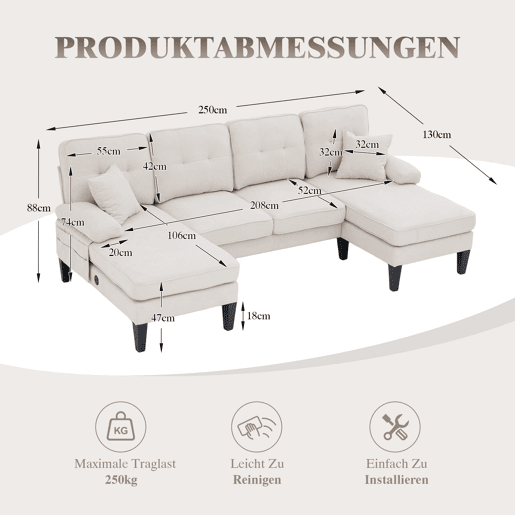 Sofá em U para 4 pessoas - Linho macio, chaise longues duplas, almofadas decorativas - Bege